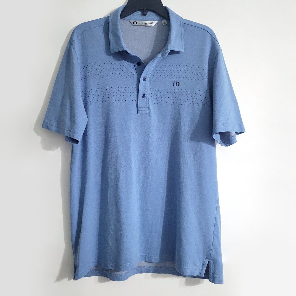 Travis Mathew Mens Blue Short Sleeve Polo Shirt Size L Cotton Blend Golf Preppy